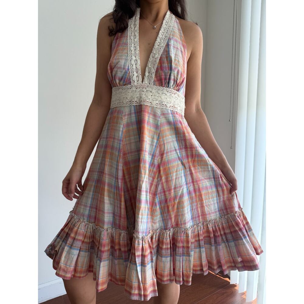 Vintage Cottagecore Dress Large Plaid Halter Crochet Milkmaid Boho Prairie Y2K - Picture 14 of 14
